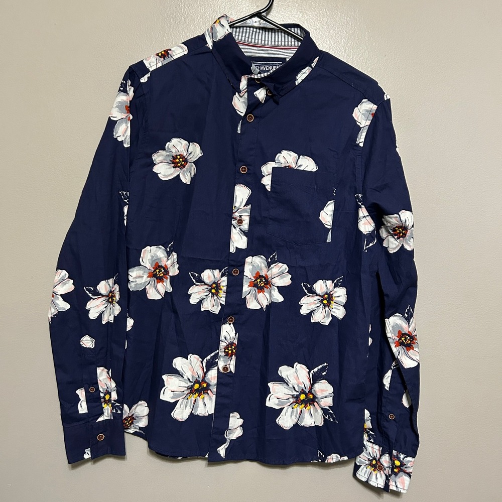 Eighth Avenue Button Down Shirt Mens S Navy Blue Floral Print Cotton Preppy Boho - Picture 1 of 10